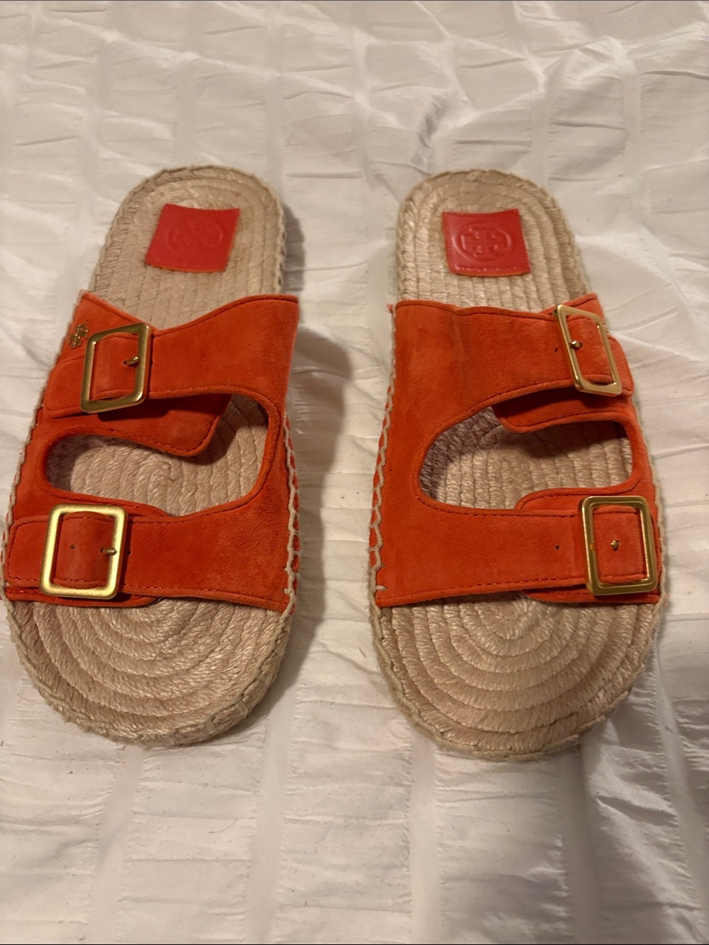Orange Suede Double-Buckle Slide Sandals Tory Burch